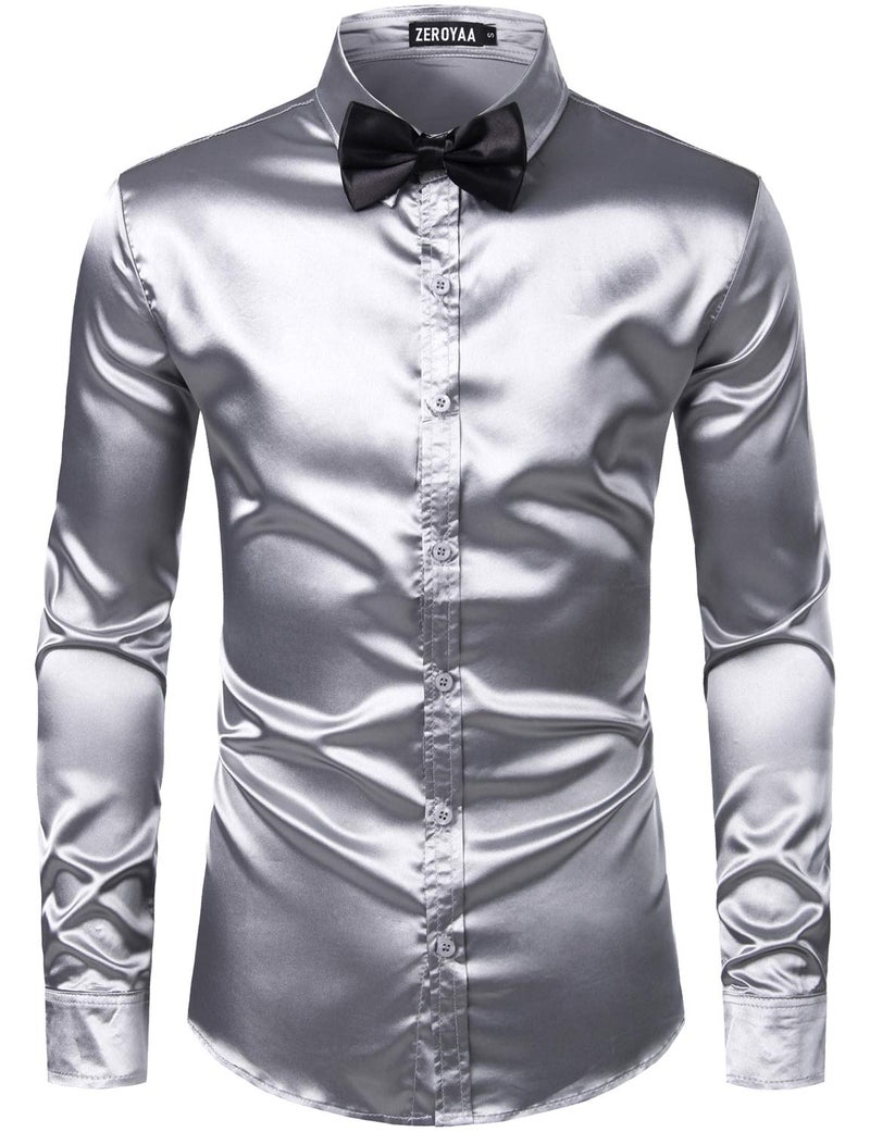 ZEROYAA Men's Luxury Shiny Silk Like Satin Button Up Dress Shirts ZLCL14-Silver Medium - Image 1